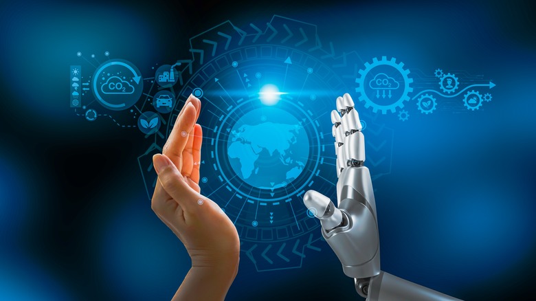 Robot hand about to touch human hand embracing Earth icon