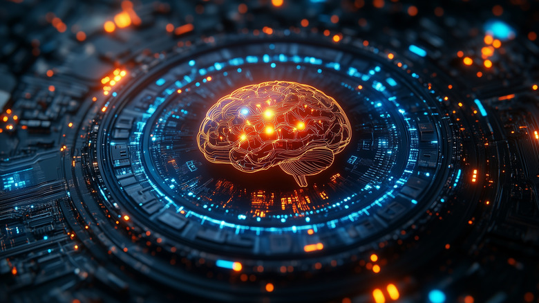 AI brain motif, centered on a circular platform in blue and black colors