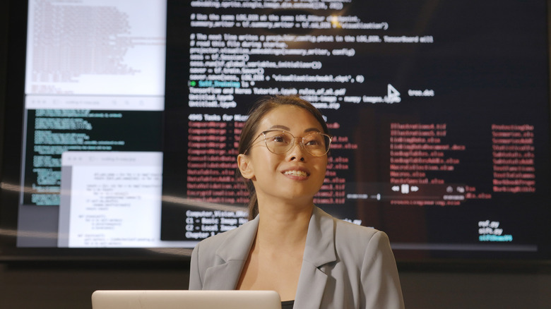 Woman talking about Python coding