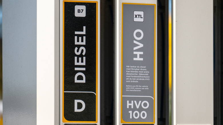 Diesel and HVO signs at a fuel pump