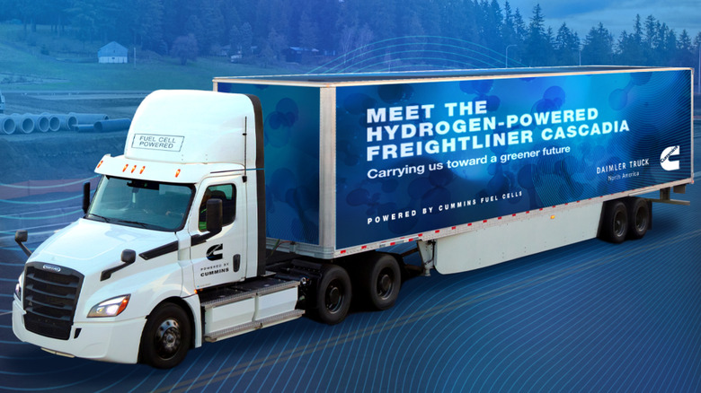 Front 3/4 view of a fuel cell Freightliner Cascadia with a trailer, CG render