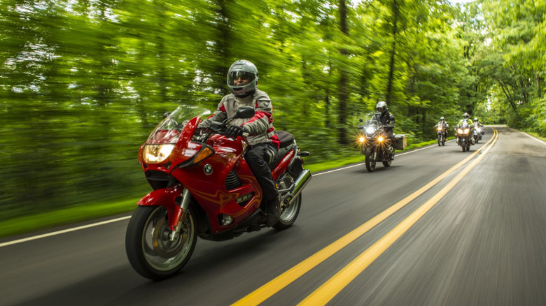 Group of motorcyclists riding along the scenic Pig Trail in Arkansas, surrounded by lush green forest and curving pavement under a canopy of trees.