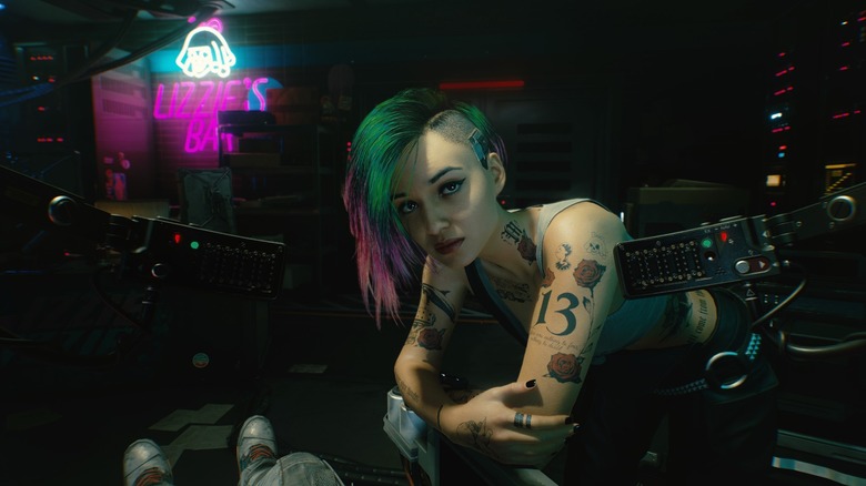 A tattooed Cyberpunk 2077 character