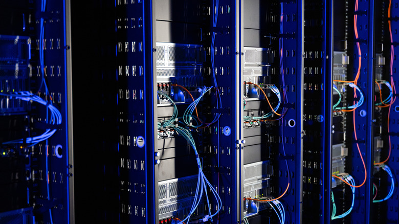 A close up shot of data center server racks and wiring at a Nebius data center in Finland.