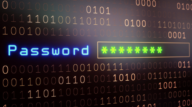 Close up on a password input field on a surface with binary numbers