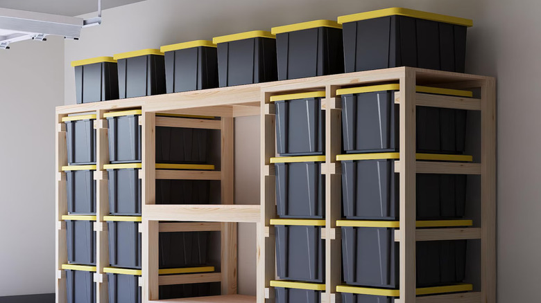 A 3D render of a DIY tote rack in a garage