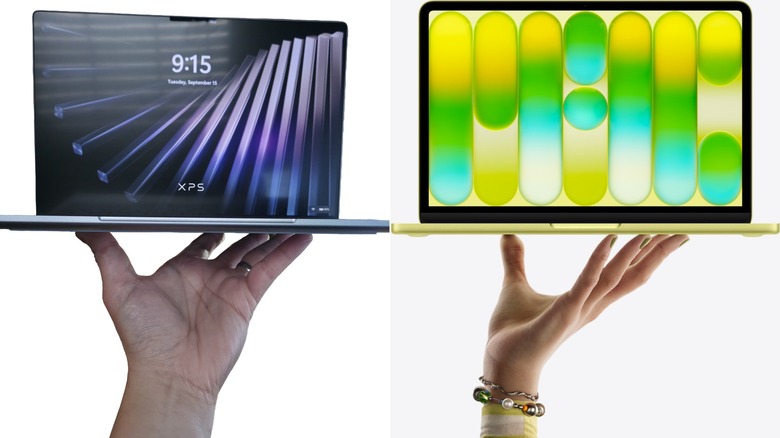 Hands holding up a Dell XPS 13 and Apple MacBook Neo