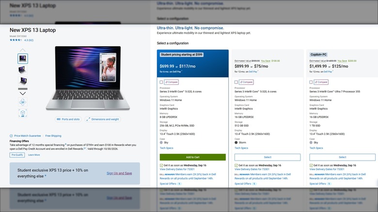 The customization screen on Dell's website for the Dell XPS 13