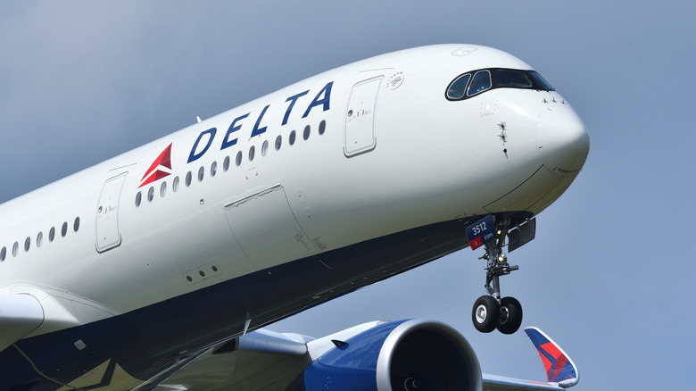Front view of Delta aircraft in flight.