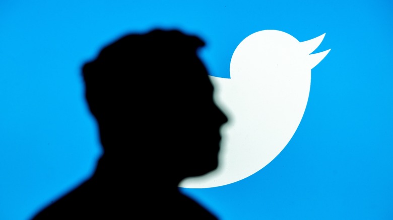 Silhoutte of Elon Musk against Twitter logo.