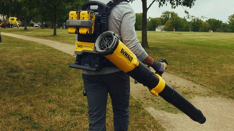 A person using a DeWalt backpack blower.