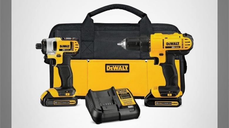 DeWalt  20V Max Cordless Drill and Impact Driver Power Tool Kit on gray background