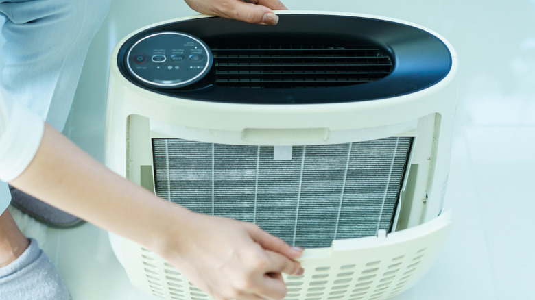 Person changing a dirty HEPA filter in an air purifier