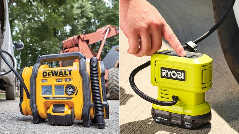 Side-by-side images of DeWalt 20V Max Inflator and Ryobi 18V High Pressure Inflator in use