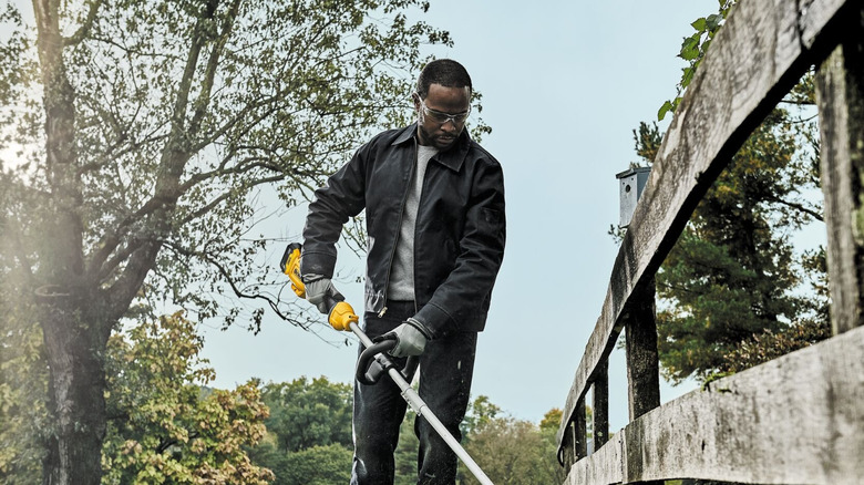 A man trimming gras with a dewalt weed eater