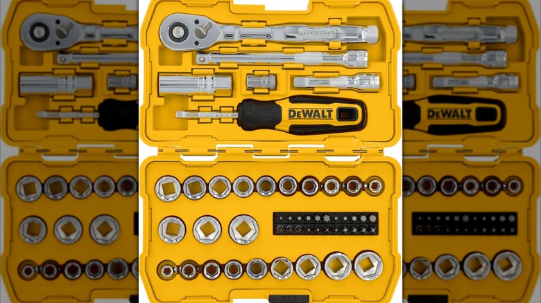 The DeWalt 50-piece mechanics tool kit in its carrying case.