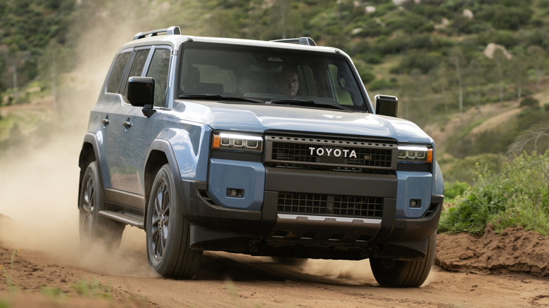Blue 2025 Land Cruiser on desert trail