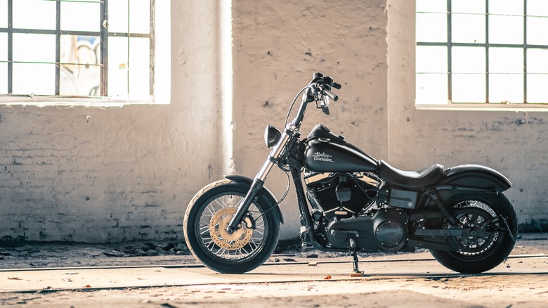 Dyna motorcycle parked warehouse