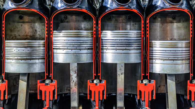 Cutaway of inline-four engine showing pistons inside cylinder walls