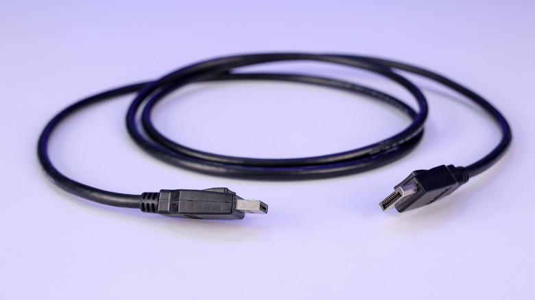 A short, black DisplayPort cable coiled up, showing both ends of the cable
