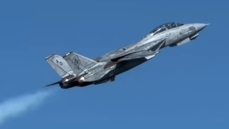 An RC F-14 Tomcat in flight over blue skies