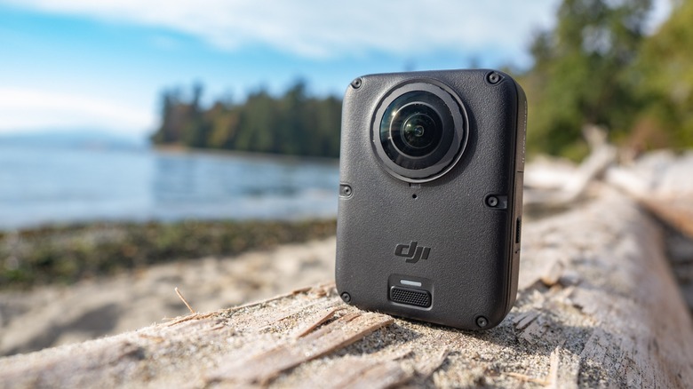 The DJI Osmo 360 ii on a log by the beach at Stanley Park.
