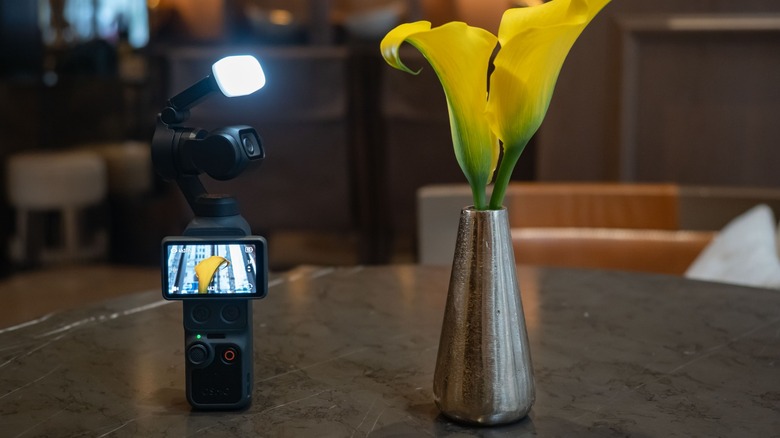 The DJI Osmo Pocket 4 with the attached adjustable light, next to a vase of flowers.