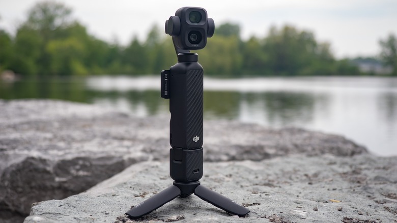 The DJI Osmo Pocket 4P on a rock next to Lake Ontario on Toronto Island.