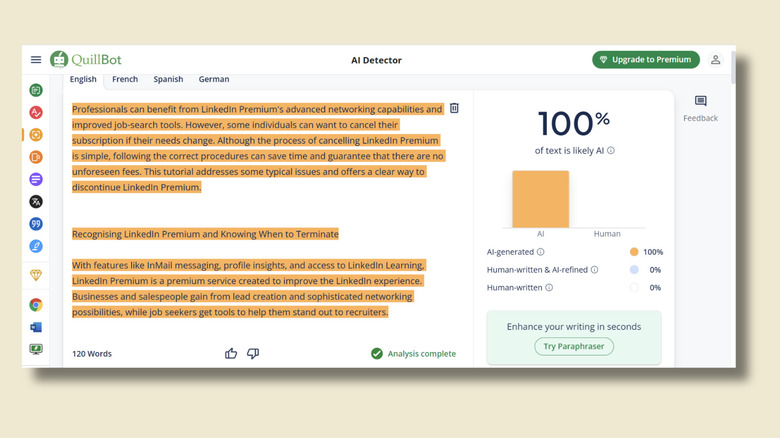 Screenshot showing Quillbot's humanized text receiving a score of 100% AI on Quillbot AI detector