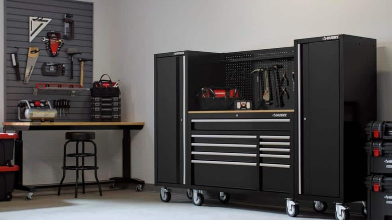 a husky tool chest in a garage