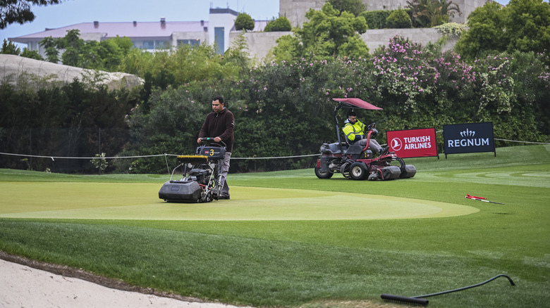 Two gardeners using a walk-behind and riding lawn mowers