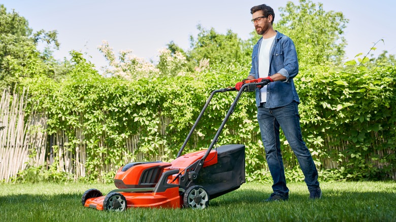 A male gardener trimming grass with a big red lawn mower