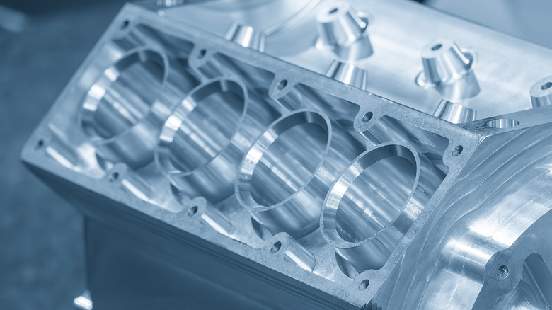 Close-up of an aluminum V8 engine block