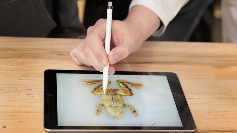 A hand holding an Apple Pencil interacting with an iPad