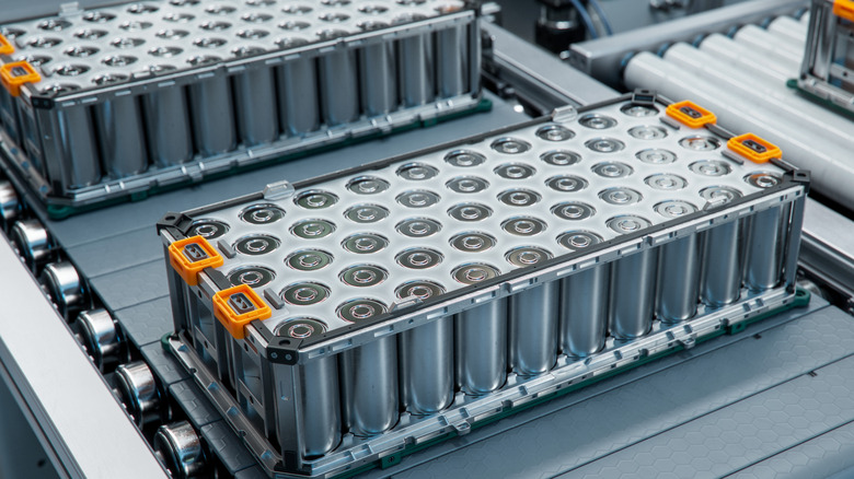 EV batteries on a conveyor belt
