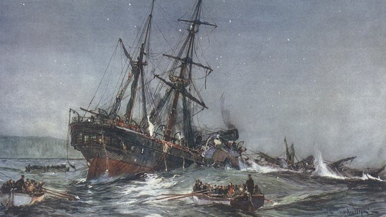 "The Wreck of the 'Birkenhead' in 1852" of lithograph after a painting by Charles Dixon, published in Britannia's Bulwarks, 1901.