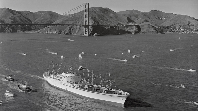 The NS Savannah sails past San Francisco's Golden Gate Bridge