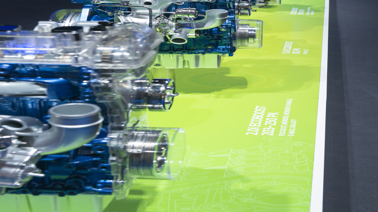 A row of Ford EcoBoost engines