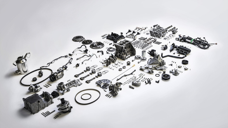 An exploded view of a 1.0-liter EcoBoost engine