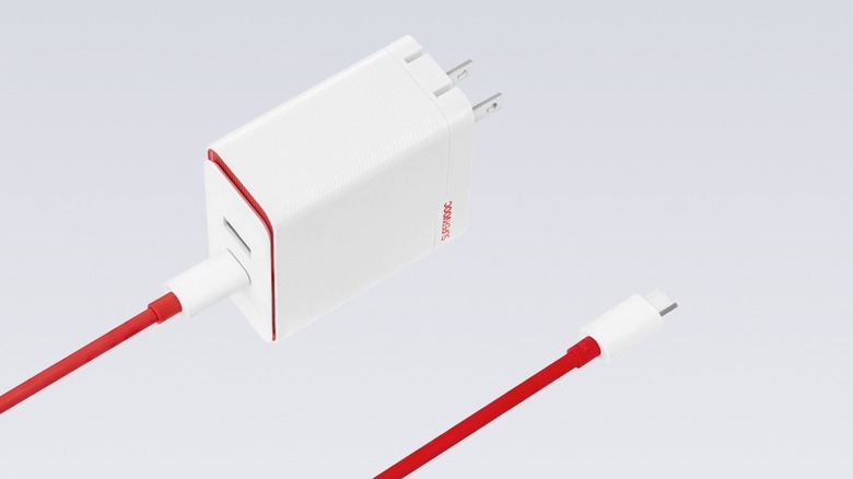 A OnePlus SuperVOOC charging brick and cable