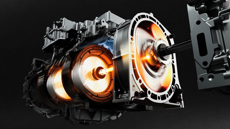 Exploded view of Mazda Wankel rotary engine in operation showing heat maps
