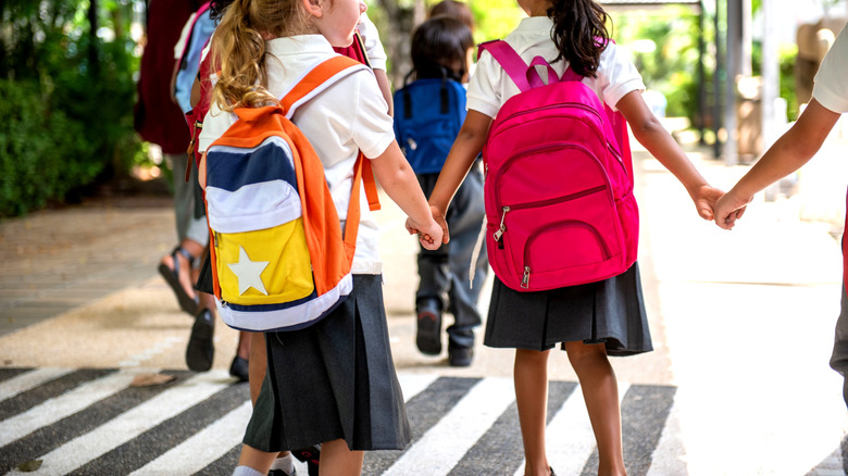 School children crossing a street at a designated crossing