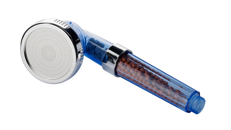 A shower head with a water filter attached