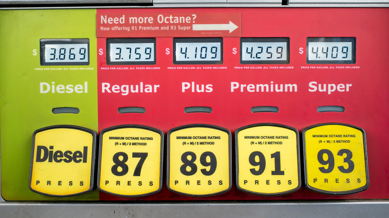 Gas station display with the different types of fuel options available.