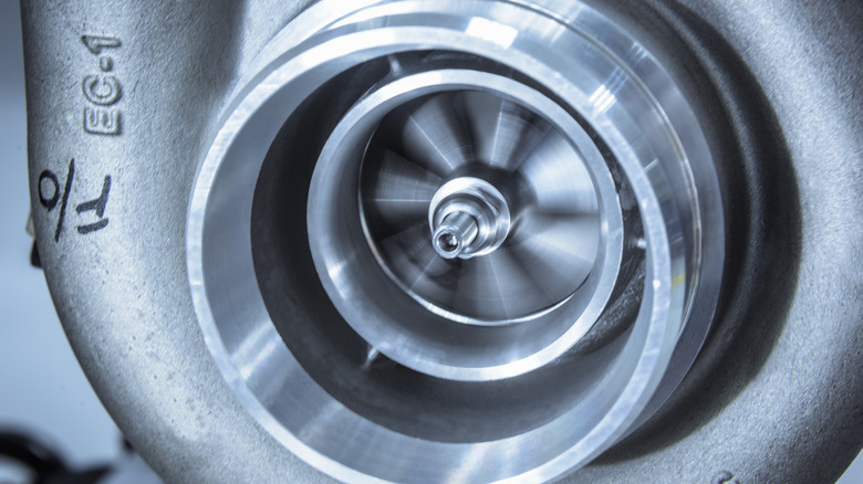 A close-up of a turbocharger turbine.