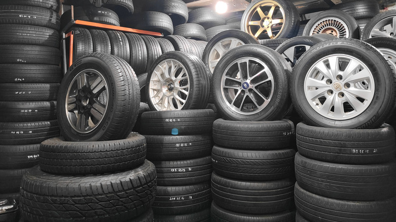 A large display of used wheels