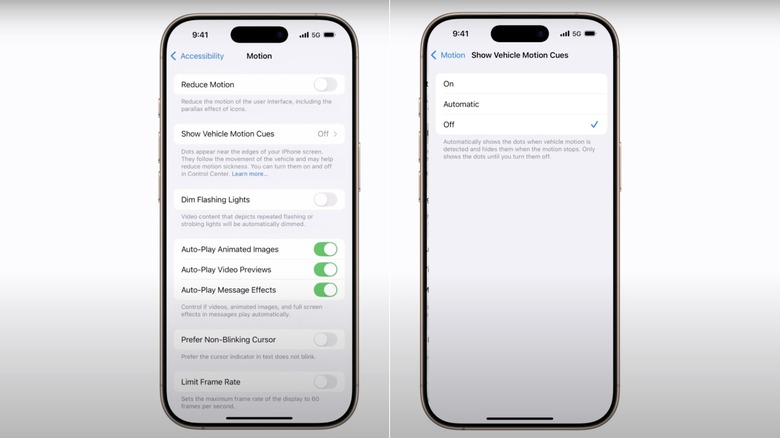 iPhone screenshots of Vehicle Motion Cues settings
