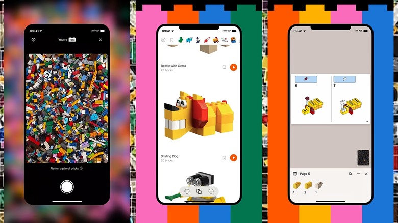 The three steps in the Brickit app from pile to design to instructions