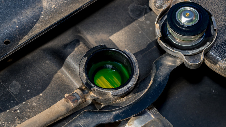A radiator cap under the hood of a car showing green coolant inside