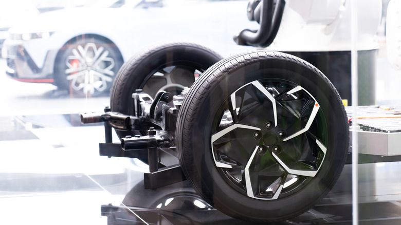 EV tires displayed in a garage